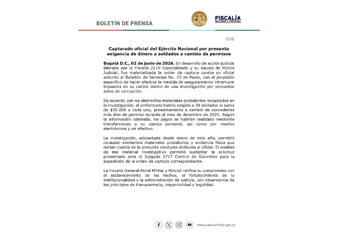 El dinero habría sido entregado por los soldados en diciembre de 2025 - crédito Fiscalía Penal Militar y Policial