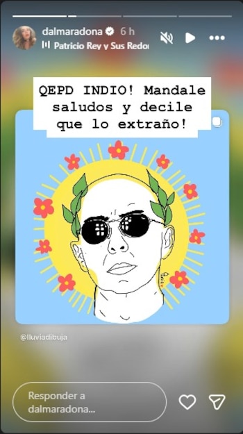Captura de pantalla de una historia de Instagram de Dalma Maradona con una ilustración del Indio Solari. Se ve un hombre calvo con gafas de sol y corona de laurel