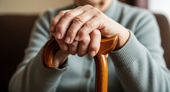 Primer plano de las manos de una adulta mayor con piel arrugada, entrelazadas sobre el mango curvo de un bastón de madera pulida de color marrón.