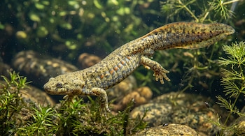 Un tritón de tono pardo con manchas anaranjadas nada en el agua sobre piedras y vegetación acuática.