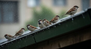 Seis gorriones posados en el alero de un tejado. Gotas de lluvia caen sobre los pájaros y el tejado. Fondo urbano desenfocado.