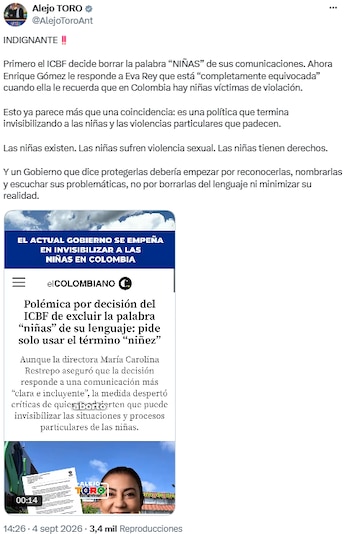 El congresista Alejo Toro pidió reconocer y atender las violencias específicas contra las niñas - crédito @AlejoToroAnt/X