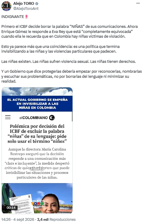 El congresista Alejo Toro pidió reconocer y atender las violencias específicas contra las niñas - crédito @AlejoToroAnt/X