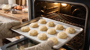 Manos con guantes de horno introducen una bandeja de metal con doce porciones de masa sobre papel de horno en un horno encendido. Ingredientes en la encimera.