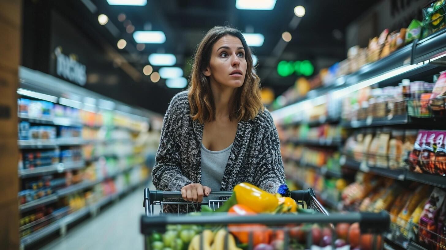 La cara de sorpresa de una mujer al ver las etiquetas en el supermercado refleja la realidad de muchos consumidores que luchan con la inflación. La nutrición se ve comprometida cuando los precios de los alimentos y víveres experimentan subas constantes, afectando la canasta básica familiar. (Imagen ilustrativa Infobae)