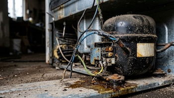 Un motor de heladera doméstica, sucio y con óxido, presenta cables eléctricos deshilachados y manchas de aceite sobre su base metálica