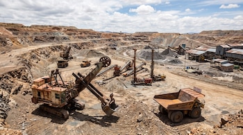 Gran mina a cielo abierto con terrazas de tierra, varias excavadoras, camiones de volteo, cintas transportadoras, pilas de material y edificios industriales.
