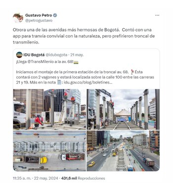 Petro lamentó la transformación de la avenida 68 debido a la implementación de TransMilenio - crédito @petrogustavo/X