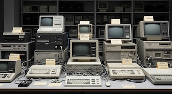 Mesa con múltiples ordenadores vintage, monitores antiguos, teclados, ratones, cables, etiquetas identificadoras y estanterías con más equipos informáticos.