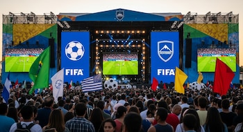 Multitud viendo un partido de fútbol en pantallas gigantes de un escenario monumental en Parque Fundidora, con logos de FIFA y Monterrey y banderas internacionales.