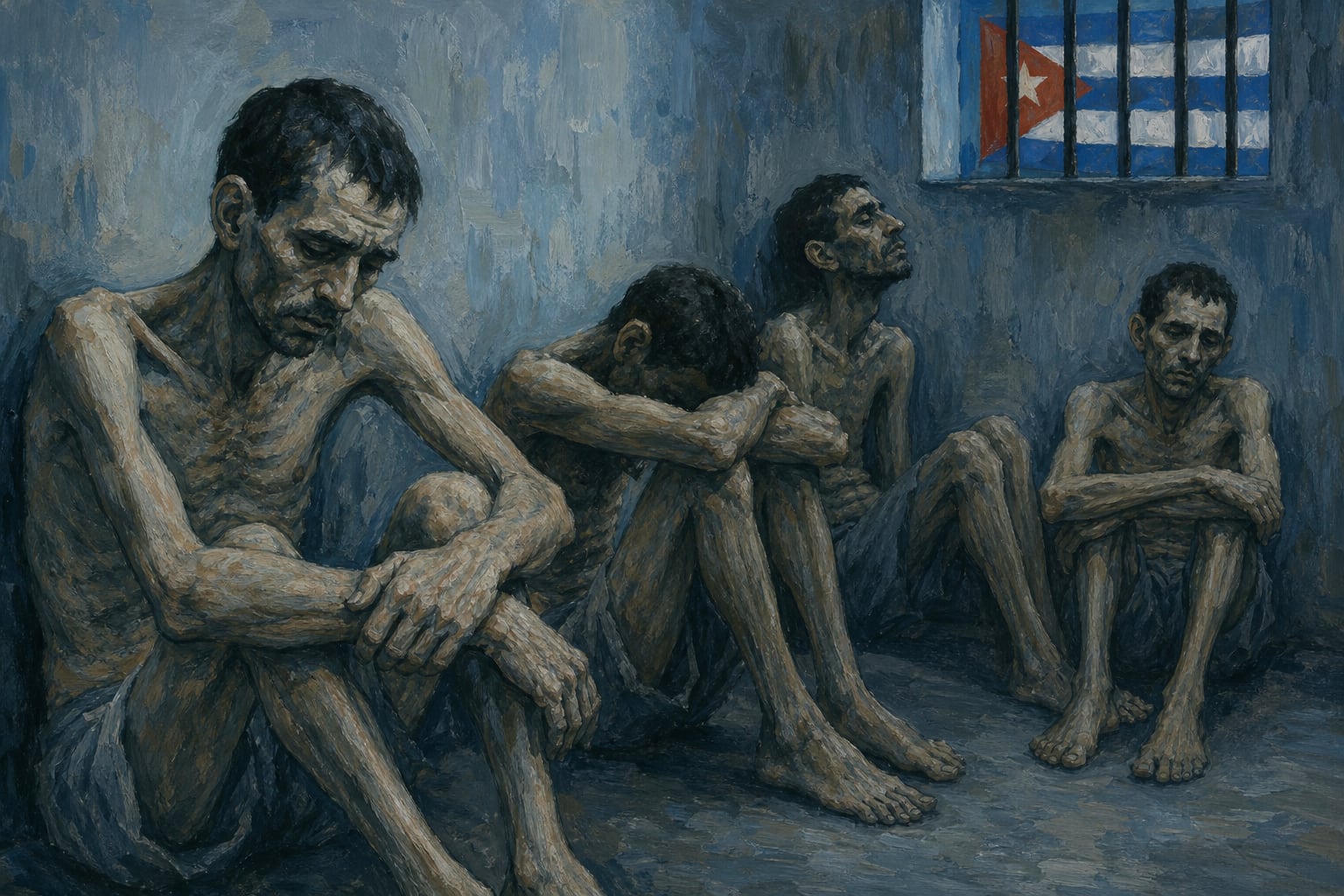 Una ilustración retrata a cuatro hombres desnutridos dentro de una celda en Cuba con la bandera nacional visible tras las rejas de una ventana. (Imagen Ilustrativa Infobae)