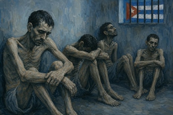 Cuatro hombres delgados están sentados en el suelo de una celda azul con una ventana con rejas que muestra la bandera de Cuba.