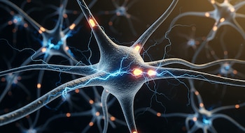 Vista macro de neuronas humanas en render 3D, con conexiones y destellos eléctricos azules y puntos naranjas. Fondo oscuro con desenfoque hacia los bordes.