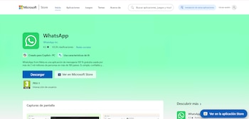 Captura de pantalla de la página de WhatsApp en Microsoft Store. Muestra logo, descripción, características de IA, botón Descargar y clasificación PEGI 3