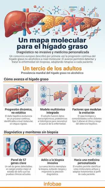 Infografía que muestra la progresión del hígado graso, estructuras moleculares, ADN, tubos de sangre, jeringas y figuras humanas con texto.