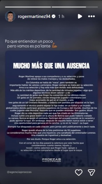 El propio Roger Martínez compartió el comunicado difundido por la agencia que lo representa - crédito @rogermartinez94/Instagram