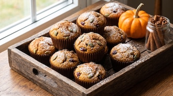 Muffins horneados en una bandeja de madera junto a una calabaza pequeña y un frasco con ramas de canela cerca de una ventana.