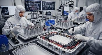 Dos ingenieros con trajes y gafas de sala limpia trabajan en la fabricación de baterías de vehículos eléctricos, soldando componentes y manipulando equipos en un laboratorio.