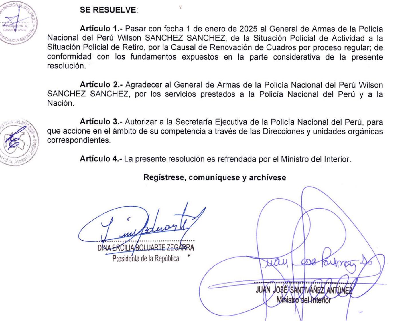 Wilson Sánchez fue pasado al retiro por Dina Boluarte.