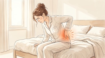 Ilustración de una mujer con pijama blanco sentada en el borde de una cama, con una mano en la espalda baja que irradia un resplandor rojizo.