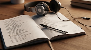 Un cuaderno abierto con letras de canciones manuscritas y subrayadas, un bolígrafo en el centro y auriculares de diadema sobre una mesa de madera.