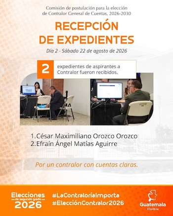Infografía con datos y fotografías sobre la recepción de dos expedientes de aspirantes al cargo de Contralor General de Cuentas en Guatemala