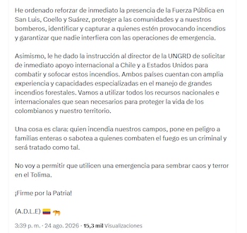 De la Espriella pidió identificar y capturar a las personas que estarían provocando intencionalmente las conflagraciones - crédito @ABDELAESPRIELLA/X