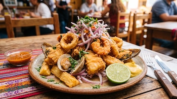 Plato lleno de mariscos fritos, trozos de yuca, cebolla morada picada, media lima, salsas y cubiertos sobre una mesa de madera.