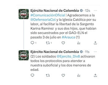 El Ejército Nacional informó que la División Octava activó los protocolos para atender a la sargento y a sus hijos. Twitter.