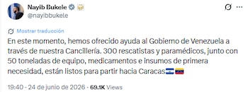 El Salvador se oferece para enviar 300 equipes de resgate, equipes de resgate e 50 toneladas de ajuda humanitária para a Venezuela após o terremoto de 24 de junho de 2026. (Crédito: Nayib Bukele)