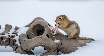 Una ardilla terrestre se alimenta de un fragmento de tejido rosado sobre un esqueleto de mamut parcialmente cubierto de nieve en un paisaje helado.