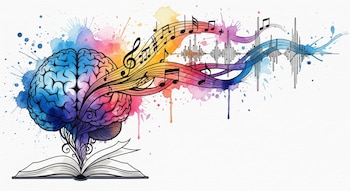 Ilustración en acuarela de un cerebro humano vibrante con notas musicales y ondas sonoras saliendo y fusionándose con un libro abierto sobre un fondo blanco texturizado.