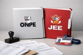 Dos carpetas oficiales, una gris con logo de ONPE y otra roja con logo de JEE, junto a documentos electorales, un sello de goma y una credencial sobre una mesa.