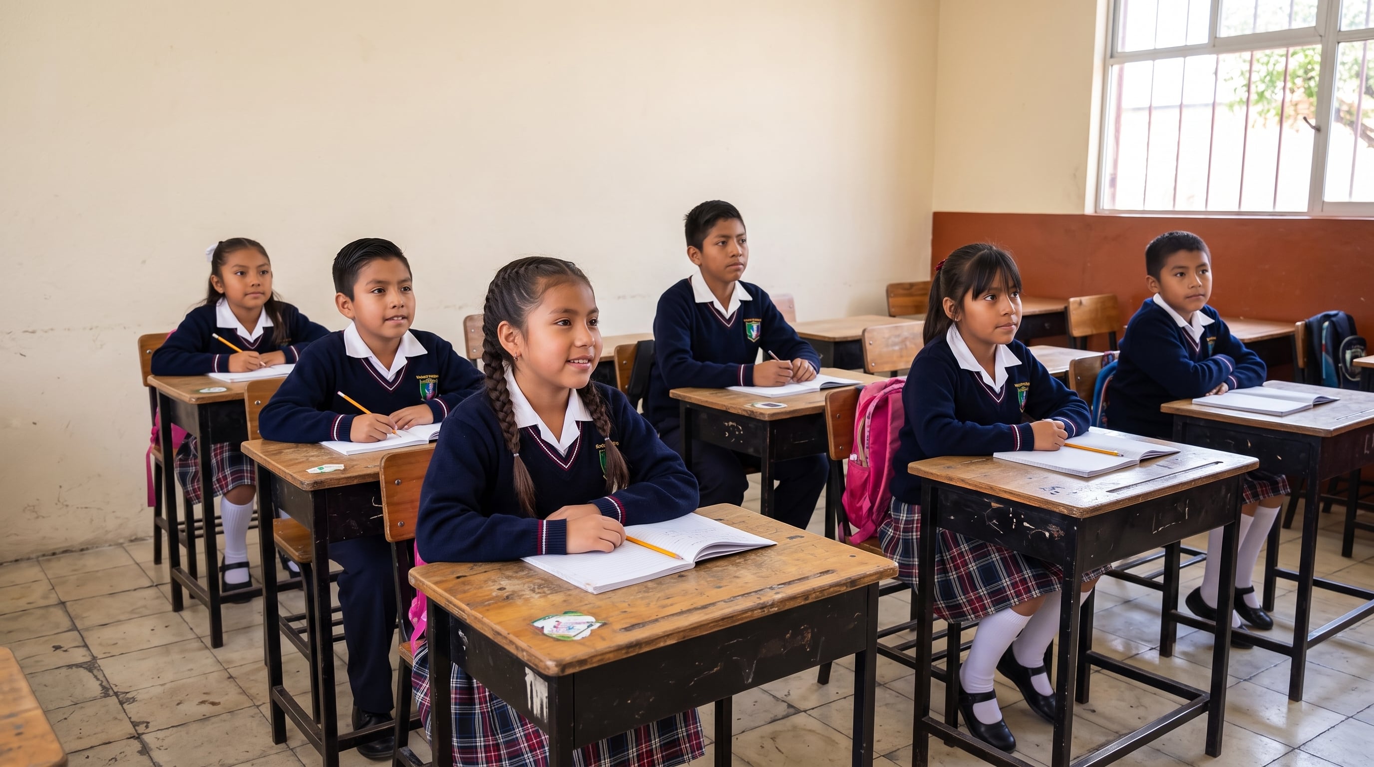 Un grupo de alumnos de primaria con uniforme escolar permanece sentado en sus pupitres mientras presta atención en el aula. (Imagen Ilustrativa Infobae)
