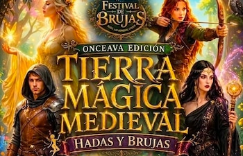 Póster ilustrado con cuatro figuras fantásticas en un bosque mágico. Muestra los títulos Festival de Brujas, Onceava Edición, Tierra Mágica Medieval y Hadas y Brujas