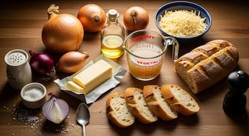 Vista superior de ingredientes para cocinar sobre una superficie de madera: cebollas enteras y cortadas, mantequilla, aceite, caldo, rebanadas de pan, queso rallado, sal y pimienta.