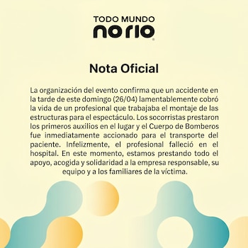 Gráfico digital con fondo amarillo claro, logotipo 'TODO MUNDO no RIO', título 'Nota Oficial' y texto en español sobre un accidente fatal. Formas abstractas en la parte inferior.