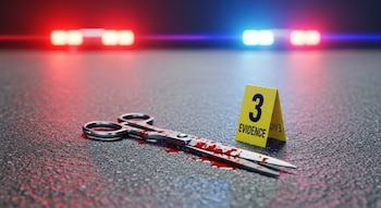 Tijeras metálicas con sangre sobre asfalto mojado, junto a marcador policial amarillo con el número 3 y la palabra evidencia. Fondo desenfocado con luces rojas y azules.