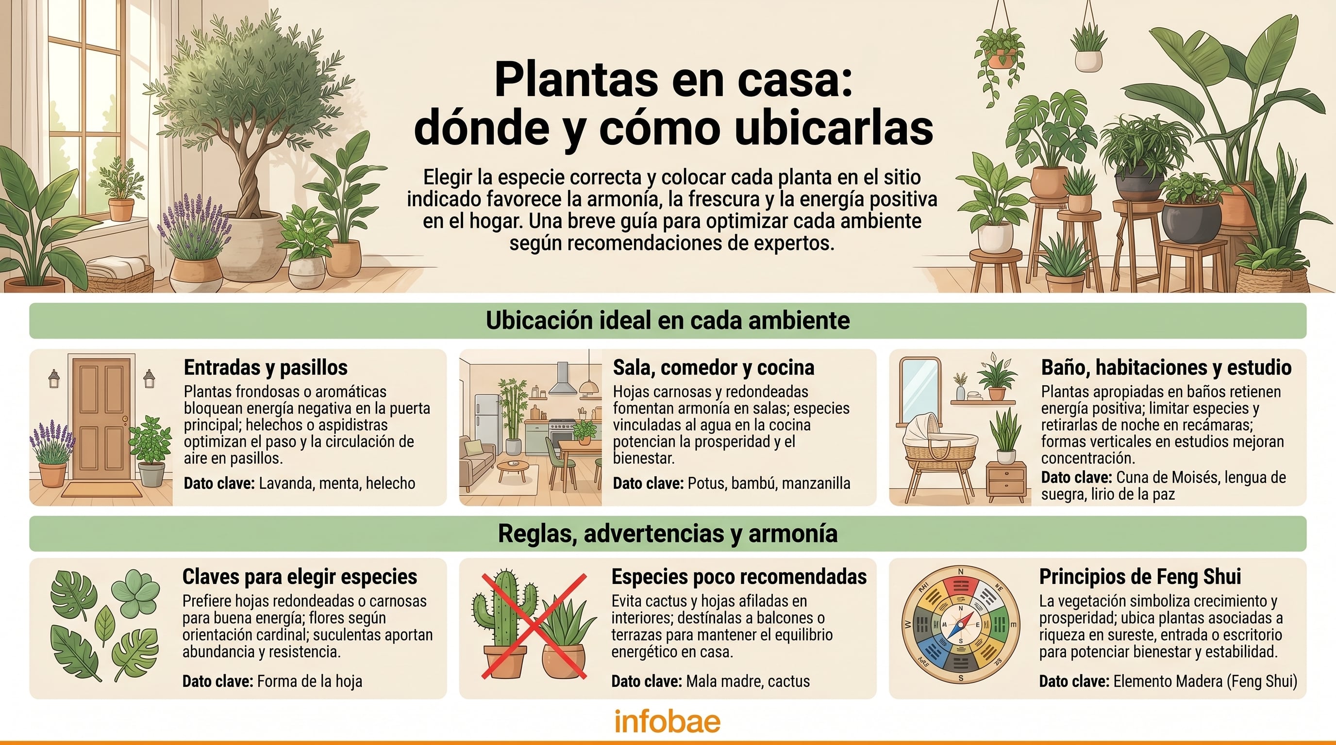 Infografía que detalla la correcta selección y ubicación de plantas en cada ambiente del hogar, optimizando el bienestar, la frescura y la armonía según recomendaciones de expertos y principios de Feng Shui. (Imagen Ilustrativa Infobae)
