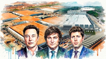 Ilustración en acuarela de Elon Musk, Javier Milei y Sam Altman en primer plano, con un complejo de grandes centros de datos en el fondo.