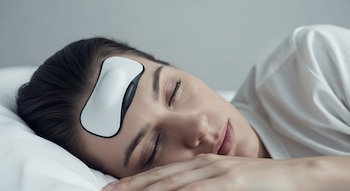 Una persona duerme de lado en una cama con sábanas blancas, un parche flexible blanco y negro en la frente, y su mano reposa junto al rostro.