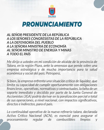 El alcalde de Talara reclama