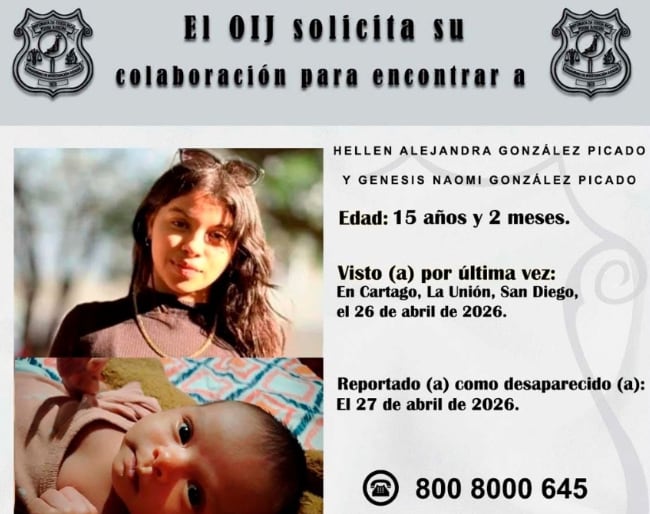 El OIJ activó un operativo de búsqueda para ubicar a la adolescente y su bebé desaparecidas en La Unión de Cartago. Cortesía: OIJ