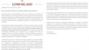 América de Cali afirmó mediante comunicado oficial que no existen restricciones en los espacios usados por el operador y justificó cambios por exigencias tributarias y legales en Colombia - crédito @AmericadeCali/X