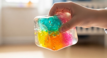 Mano de un niño sujetando un cubo de goma flexible transparente con gel viscoso de colores: verde azulado, amarillo, naranja y rosa, con burbujas de aire.
