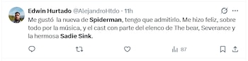 Captura de pantalla de una publicación de red social con el perfil de Edwin Hurtado, texto sobre la película Spiderman, y iconos de interacción