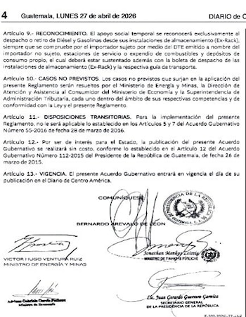 Gobierno pública reglamento para aplicación de subsidio a combustibles en Guatemala