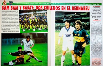 Los chilenos Iván Zamorano e Ivo Basay posan en el Santiago Bernabéu antes de Real Madrid-Boca (Don Balón Chile)