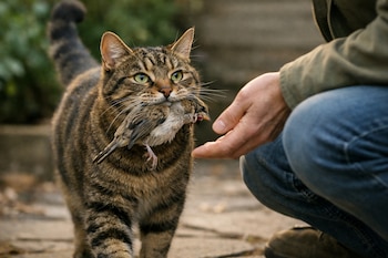 Un gato atigrado con un pájaro muerto en la boca se acerca a la mano extendida de una persona agachada al aire libre.