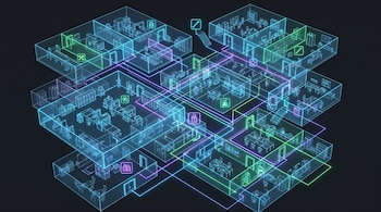 Mapa tridimensional con líneas de neón azul, verde y violeta delineando pisos, paredes y mobiliario en un espacio interior sobre fondo negro.